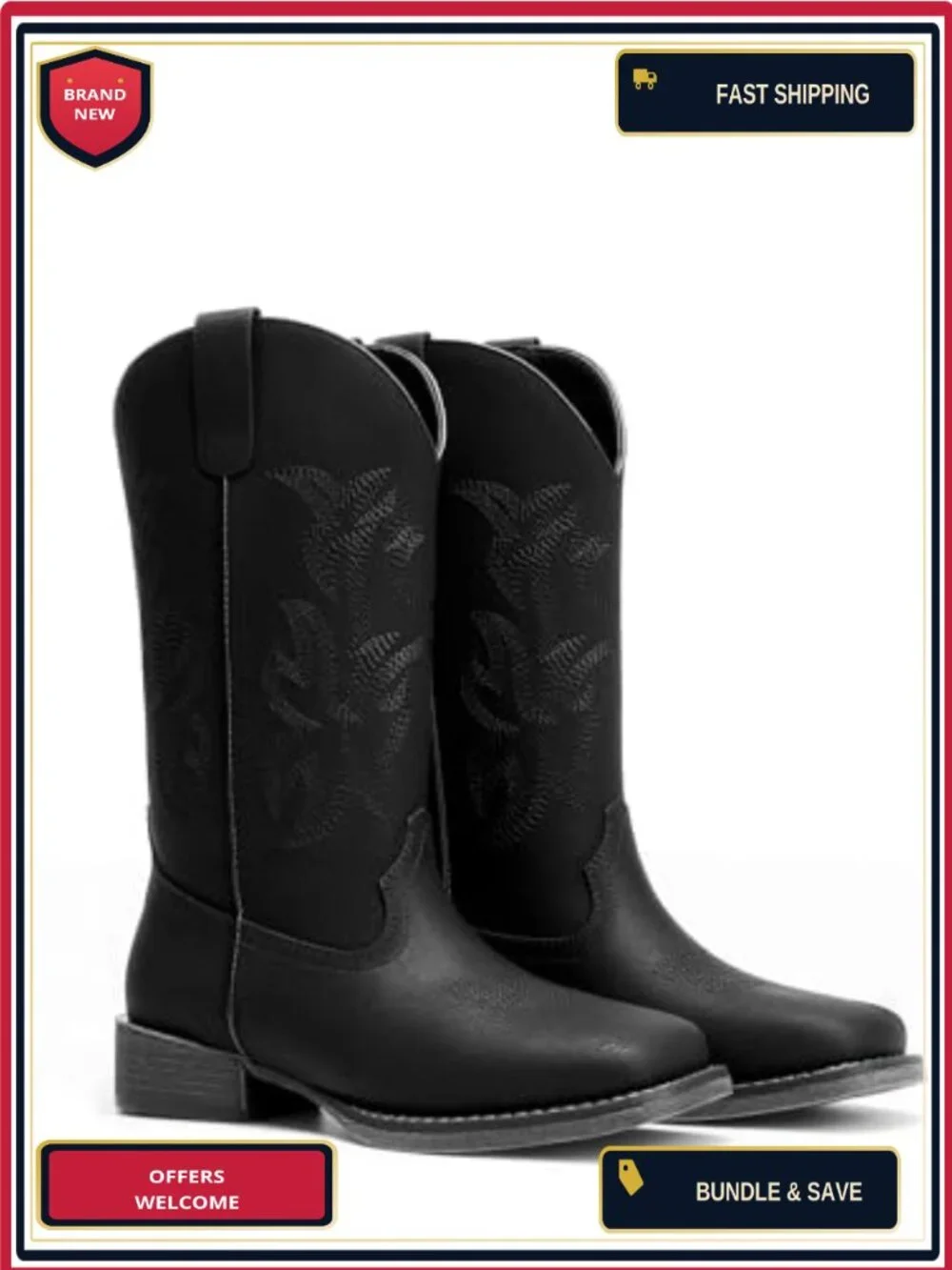 Women Cowboy Boots Wide Square Toe Mid Calf Faux Leather Embroidered Western